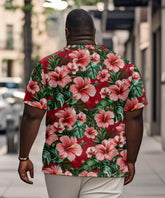 Men's Plus Size Hawaiian Red Floral Print Henry Collar Button Short Sleeve Tee